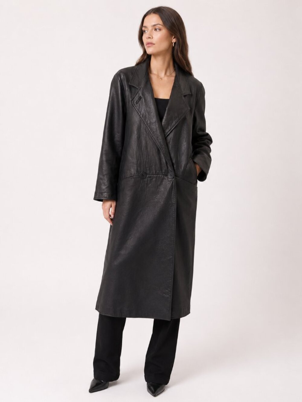 Vintage 80s CASSIDY Leather Double Breasted Long Trench Coat Black Small